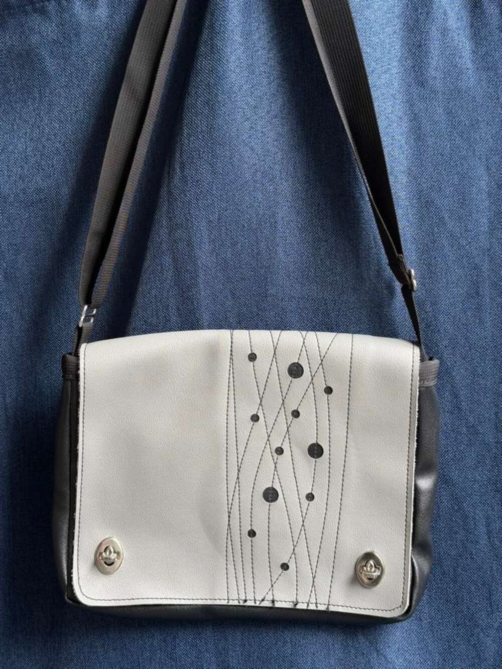 Holly Aiken Grey & Black Vinyl Atomic Dots Auxiliary Crossbody Messenger Bag